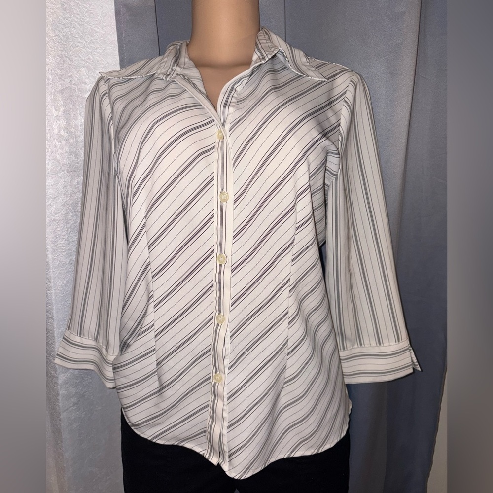 Striped Button-Front Women’s Blouse in White and Gray